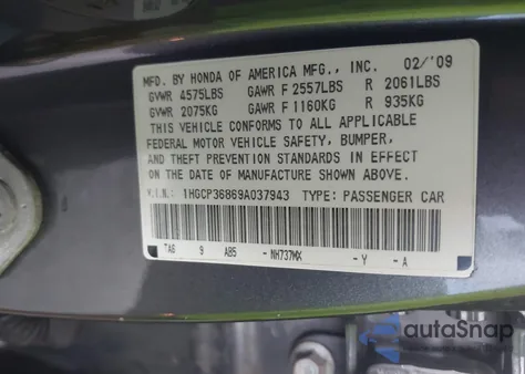 2009 Honda Accord Sdn 3.5 Ex-L/Ex-L from USA, damaged, VIN 1HGCP36869A037943